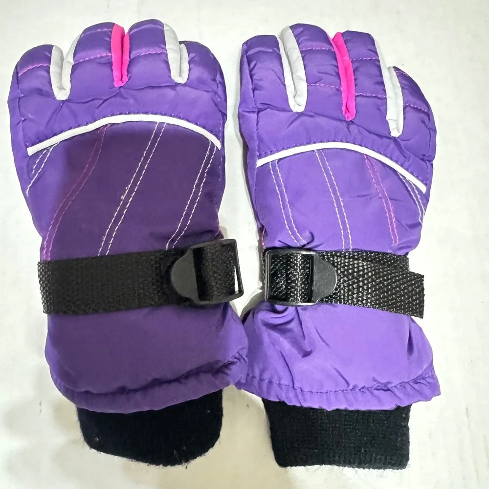 Kids Purple Insulated Ski Gloves‎ Pink White Accents Adjustable Wrist Straps
